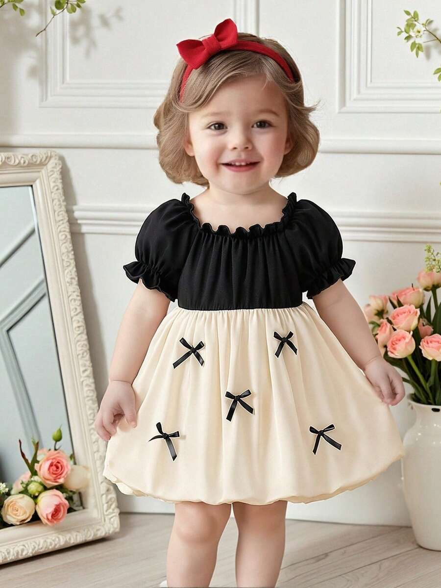 Summer Dress For Baby Girls, Casual Elegant Fashion Petal Sleeve Square Collar Waist Dress With Bow Decor, Lantern Skirt, Suitable For Holidays, Parties, Vacations And More, Summer - Multicolor - View 1