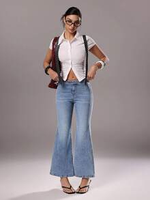 TRNVIE Celana Jeans Wanita Pinggang Tinggi Elastis dengan Potongan Mengembang - Light Wash - View 7