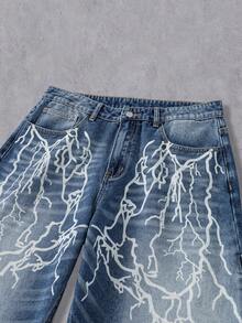 Manfinity Denimwave Quần jeans ống rộng dáng suông, in họa tiết tia chớp, phong cách thường ngày, dành cho nam giới, thích hợp mặc đi làm hàng ngày. - Màu xanh lam - Xem 8