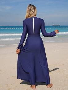 Swim Mulvari Shayni 女士夏季三件套，纯藏蓝色，荷叶边长袖拉链上衣、长裤和长裙，中东阿拉伯海滩度假泳装罩衫 - 藏蓝色 - 查看 2