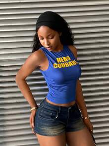 StreetHx Camiseta sin mangas con estampado de letras, para mujer, estilo urbano, primavera/verano - Azul - Ver 5