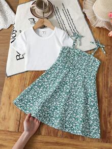 Emery Rose Kids Emery Rose Kids 2pcs/Set Young Girl Solid Color Knit T-Shirt And Printed Chiffon Slip Dress 2pcs/Set Young Girl/Tween Girls White Knit Fitted Crop Top And Ditsy Floral Camisole Dress, Casual Vacation, Comfortable Home Wear, Suitable For Spring/Summer, Clean Girl Look Young Girl Spring Dress Children Casual Dress Summer Clothes White Dress Prom Dresses Mmer Dresses White Dresses Pink Dress Graduation Dress Prom Dress - Green - View 5