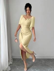 Modelyn 女士金属扣撞色荷叶边领花瓣袖修身优雅连衣裙，春夏款 - 黃色 - 查看 4