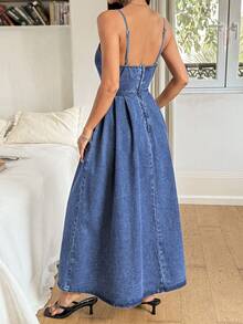 Rivivi 夏季女士休闲收腰牛仔吊带连衣裙 - 藍色 - 查看 2