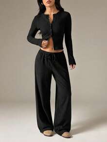 SHEIN PETITE Women Luxurious Ribbed Knit Co-Ord Set Long Sleeve Button Up Cardigan With Wide Leg Palazzo Pants Fall Winter Loungewear - Black - View 1