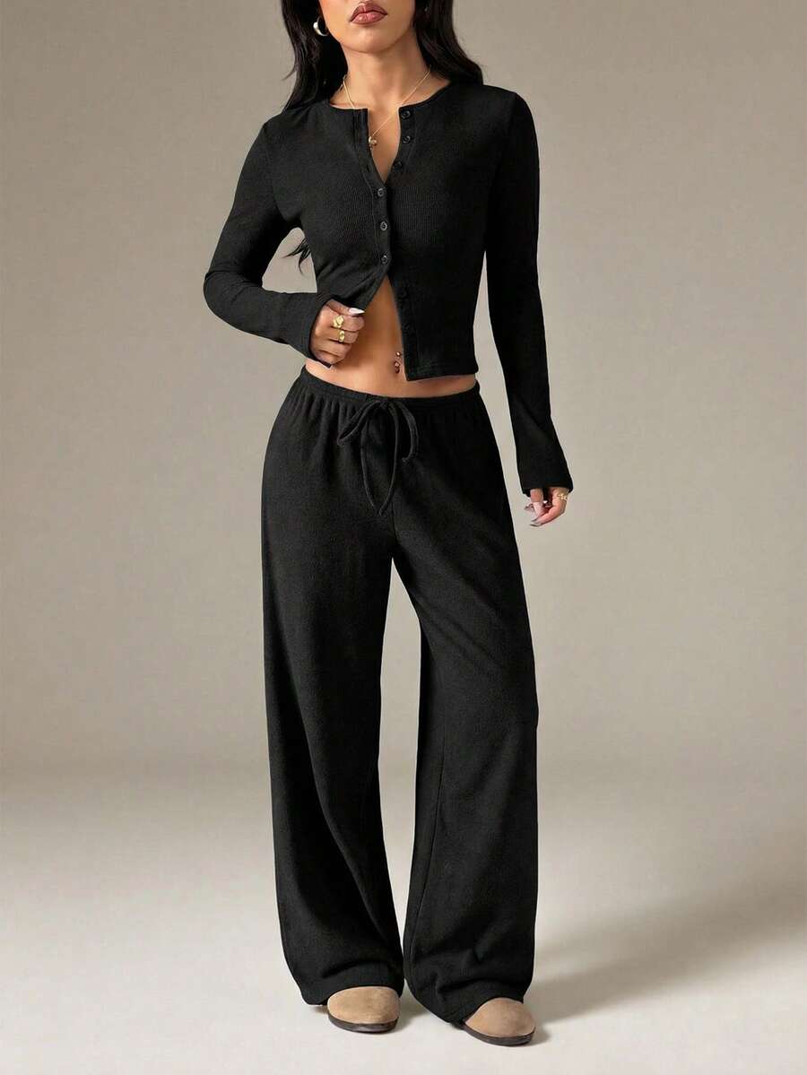 SHEIN PETITE Women Luxurious Ribbed Knit Co-Ord Set Long Sleeve Button Up Cardigan With Wide Leg Palazzo Pants Fall Winter Loungewear - Black - View 1
