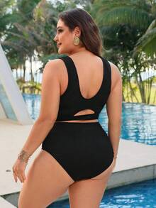 Swim Lushoire 2 pièces Femme grande taille Maillot de bain bikini pour vacances à la plage, couleur unie, bretelles épaisses, décolleté en V, sexy - Noir - Voir 2