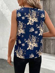 SHEIN Clasi 春夏植物印花无袖V领修身女式衬衫 - 藏蓝色 - 查看 2