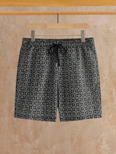 HIMLAND Men's Fashionable Casual Printed Drawstring ShortsLoose Men Geometric Print Drawstring Waist Shorts Men Swim Trunk Men Swim Shorts Geometric Men Shorts Men Beach Shorts Men Lounge Shorts