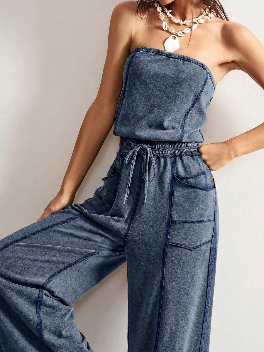 Bohemela Bộ jumpsuit nữ thời trang thắt eo với thiết kế quây ngực, phù hợp cho mặc hàng ngày, hẹn hò và đi chơi. - Màu xanh hải quân - Xem 1