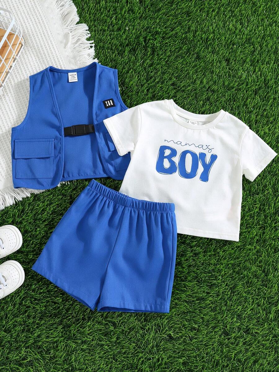 SHEIN Baby Jungen/Mädchen 3-teiliges Set: Weicher gestrickter Pullover mit Buchstabendruck, rundem Ausschnitt und Kurzarm, ärmelloser Cargo-Weste und Shorts mit Gummibund, geeignet für lässige Unternehmungen und Straßenmode - Verschiedenfarbig - Übersicht 1