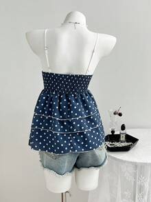 Elamini Camiseta de tirantes ajustada con volantes multicapa, contraste de encaje y lunares, ideal para el verano - Neblina azul - Ver 2