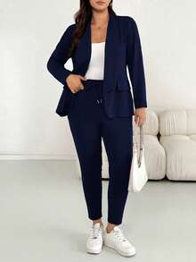 SHEIN Essnce Damen Große Größen Mode Herbst und Winter Lässig Locker Bequem Täglicher Schwarzer Hosenanzug Jacke und Leggings Zweiteiler Set, Business Lässig, Herbst Outfits, Bürokleidung - marineblau - Übersicht 6