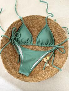 SHEIN Swim 2026春夏黑色特制面料女士泳装，吊带露背纯色性感侧系带丁字比基尼两件式泳衣 - 綠色 - 查看 3