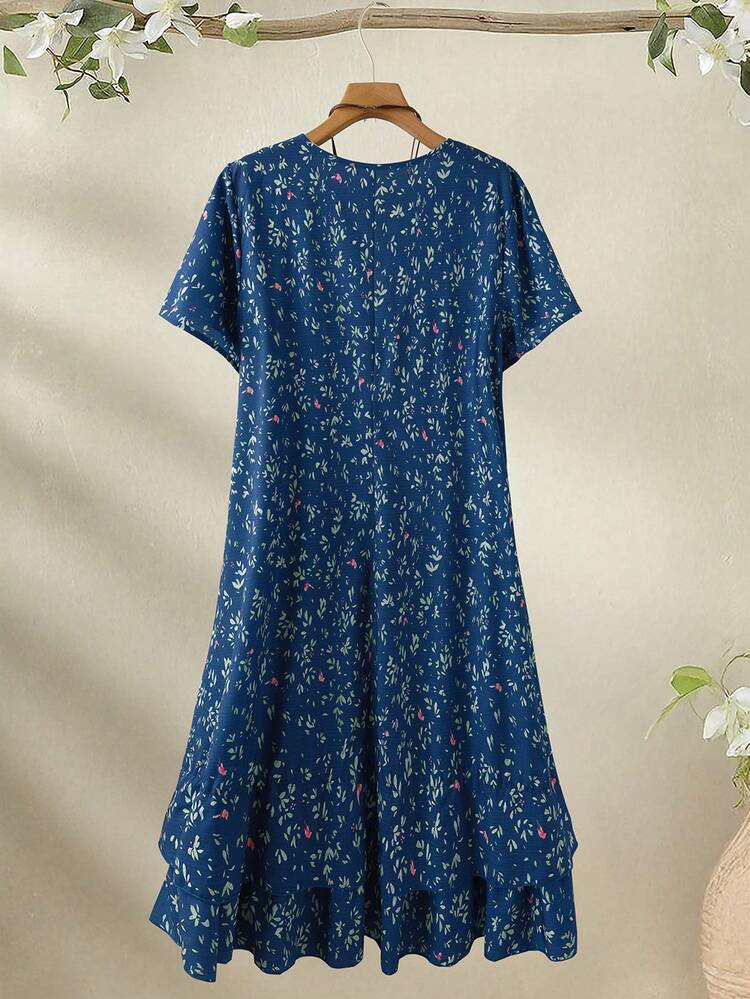 Plus Size Women's Early Spring Short Sleeve Red Floral Print Dress\Summer\Vacation Summer Dress  Summer Outfits Summer Clothes Spring Dress Spring Outfit Women Spring Clothing Country Style For Women Country Dress For Women Vacation Outfits Women Blue Floral Dress Women Blue Flower Dress Summer Casual Dress Blue Spring Dress