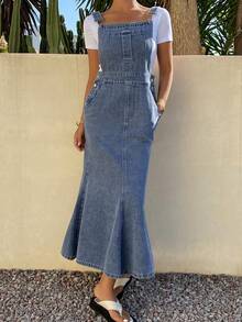 DAZY Pocket Washed Denim Pinafore Dress, Women's Summer Fitted Slimming Mermaid Maxi Denim Dress - Blue - View 6