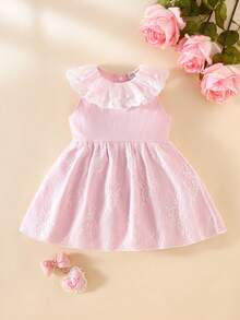 SHEIN Newborn Baby Girl Lace Collar Sleeveless Lightweight Mesh Dress, Suitable For 100-Day Celebration, Family Photos, And Attending Weddings, Spring/Summer Newborn Pink Dress Pink Ruffle Newborn Clothes Luxury Dress For Newborn Baby Girl Pink Dress - Pink - View 7