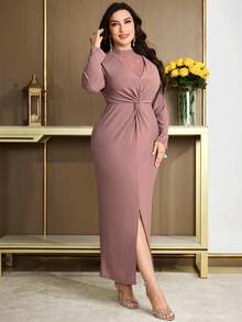 Modelyn 大码女式时尚优雅水钻扭结开衩紧身连衣裙 - 粉色 - 查看 6