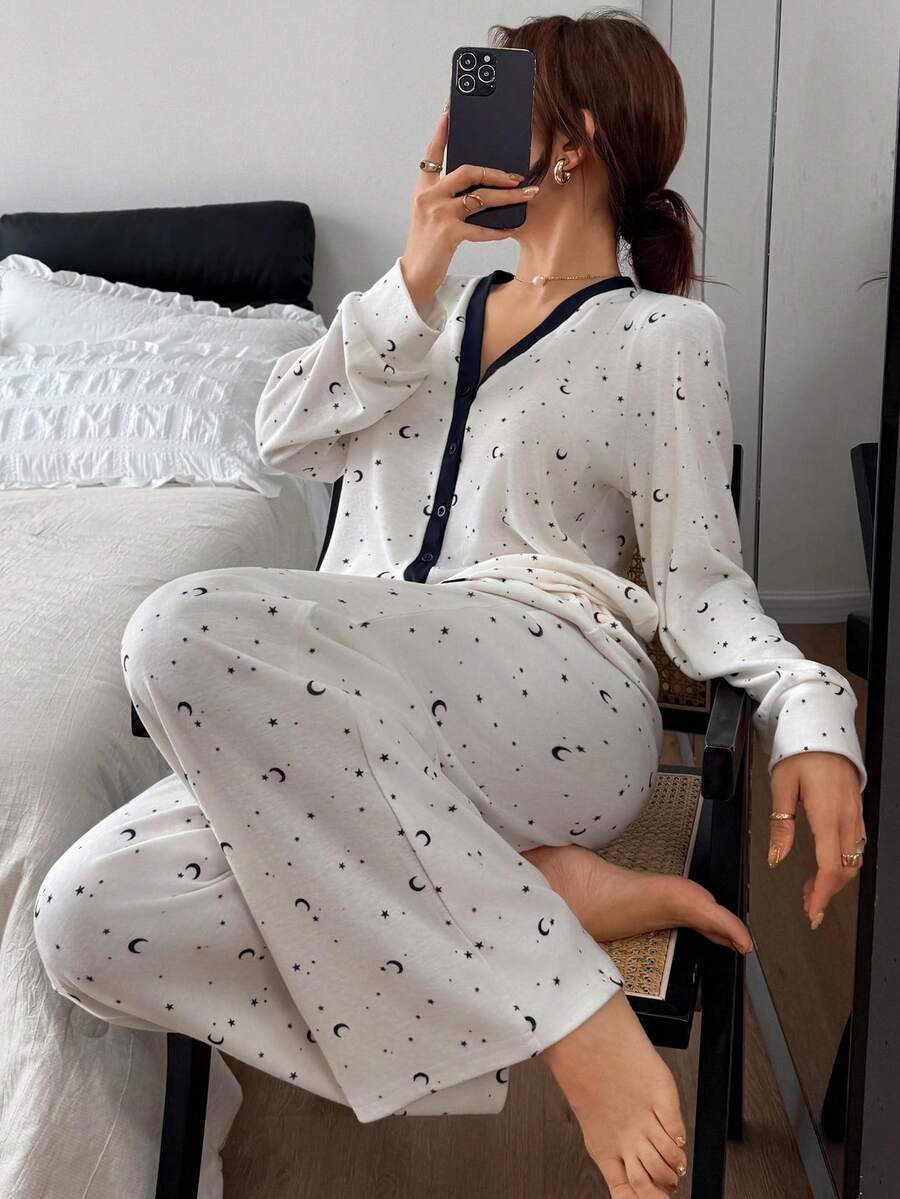 DAZY Star & Moon Ditsy Floral Contrast Trim Women Pajama Set - White - View 1