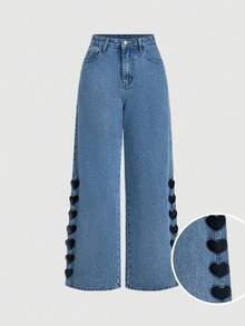 SHEIN MOD 女士休闲日常爱心刺绣斜插口袋阔腿牛仔裤 - 藍色 - 查看 1