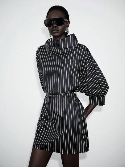 Lumivelle Black & White Vertical Striped Women's Short Dress, Loose H-Line Stand Collar Batwing Sleeve Design, Fashionable Minimalist Casual Chic Slimming Commuting Dress