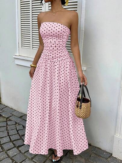 MainGRL Women's Pink Polka Dot Print Ruffle Hem Strapless Dress, Suitable For Vacation, Spring Fashion, Wedding Guest Attire, Birthday Party, Outdoor Wear