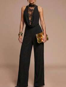SHEIN BAE Bộ jumpsuit nữ thanh lịch phối ren, cổ khoét sâu, eo thon, ống đứng. - màu đen - Xem 3