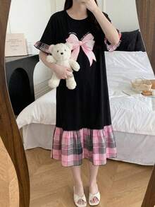 SHEIN 少女休闲蝴蝶印花拼接荷叶边格子印花睡袍连衣裙，黑色，春夏款 - 黑色 - 查看 6