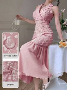 Modelyn Elegant Blazer Collar Double-Breasted Chiffon Patchwork Jacquard Yellow Dress - Pink - View 2