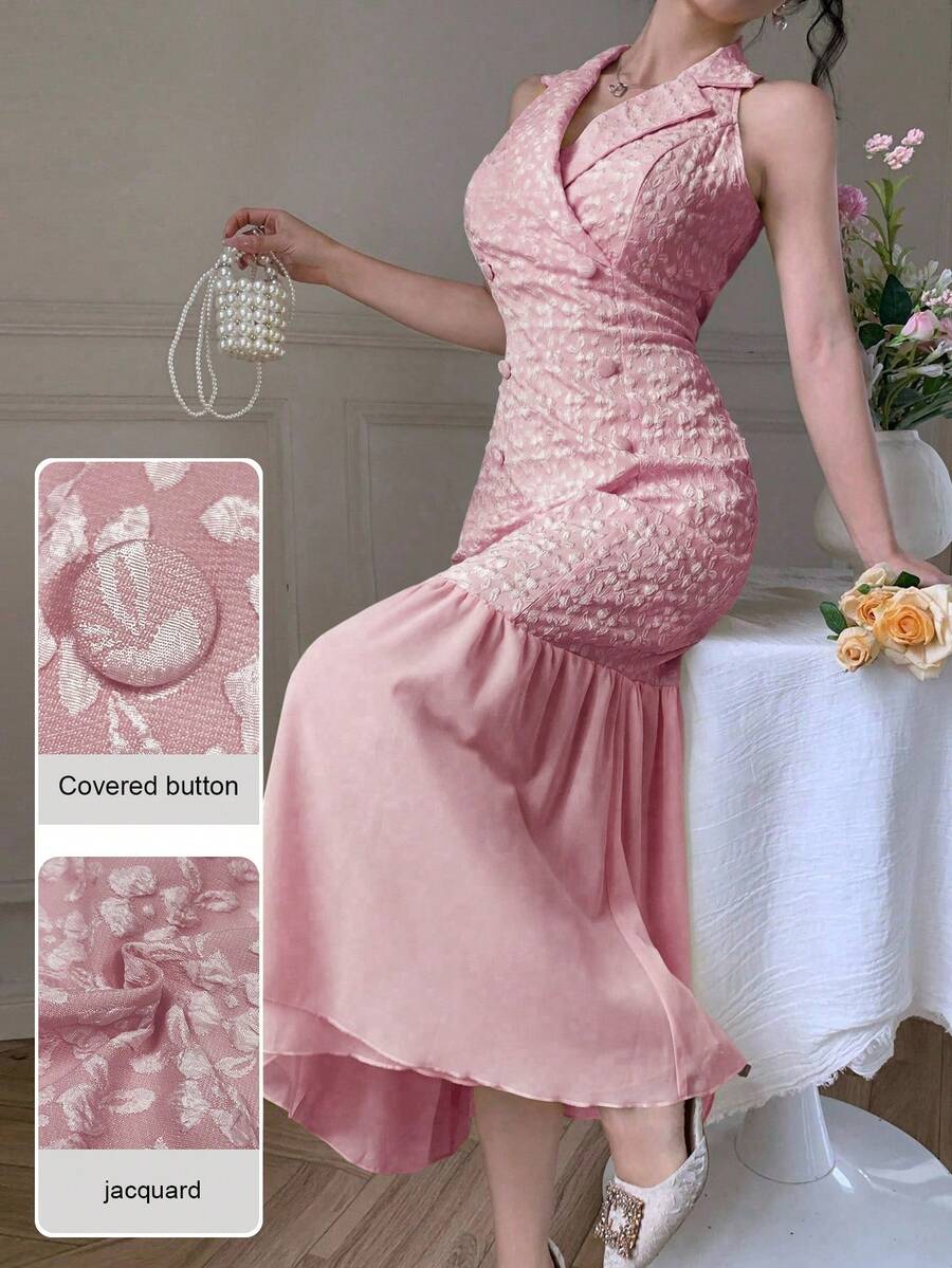 Modelyn Elegant Blazer Collar Double-Breasted Chiffon Patchwork Jacquard Yellow Dress