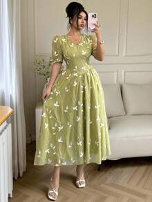Modelyn 女士优雅刺绣叶子V领短花瓣袖中长连衣裙，春夏款 - 綠色 - 查看 4
