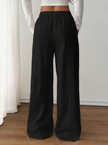 SHEIN PETITE 女士夏季乡村音乐会外出波西米亚海滩度假装扮基本款简约水洗100%纯棉白色弧形裤脚长裤，秋季女装 - 黑色 - 查看 3