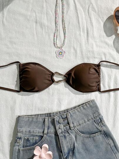 Swim Vcay 1pc Women's Solid Color Metallic Decor Halter Neck Casual Party Swimwear Bikini Top,Elegant Party,Valentine Outfits For Women ,Summer Vacation Outfits