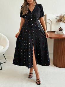 Elenzga Plus Size Multicolor Heart Print A Line Dress V Neck Half Puff Sleeve Casual Long Dress - Multicolor - View 4