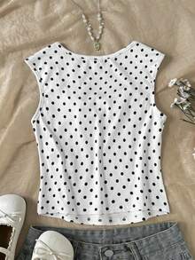 SHEIN 少女修身休闲简约舒适方领波点T恤 - 黑與白 - 查看 2