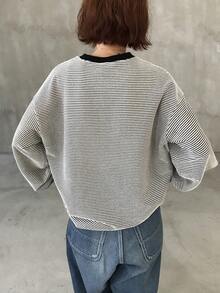 FRIFUL Áo thun dài tay cổ tròn kẻ sọc dáng thường ngày dành cho nữ - Màu be - Xem 3