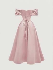 SHEIN MOD Đầm midi trễ vai thắt eo cỡ lớn dành cho nữ, màu đỏ tía, mùa thu/đông, Halloween, chủ đề "Ác mộng trước Giáng sinh", trang phục Halloween cho nữ, dự tiệc, thanh lịch, đầm satin đỏ, đầm trễ vai, đầm dạ hội đỏ, đầm dài đến bắp chân đỏ, đầm dự tiệc đỏ, đầm dự đám cưới cho nữ. - Hồng - Xem 1
