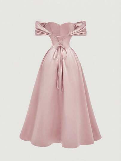 SHEIN MOD Vestido midi con hombros descubiertos y cintura anudada para mujer de talla grande, color burdeos, para otoño/invierno, Halloween, Pesadilla antes de Navidad, disfraz de Halloween para mujer, fiesta, elegante, vestido de satén rojo, vestido de hombros descubiertos, vestido formal rojo, vestido rojo de largo té, vestido de fiesta rojo, vestido de invitada de boda para mujer