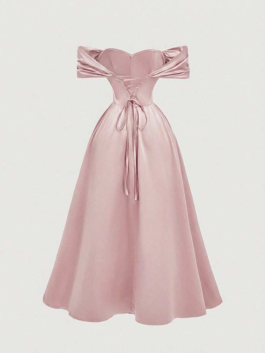 SHEIN MOD Đầm midi trễ vai thắt eo cỡ lớn dành cho nữ, màu đỏ tía, mùa thu/đông, Halloween, chủ đề "Ác mộng trước Giáng sinh", trang phục Halloween cho nữ, dự tiệc, thanh lịch, đầm satin đỏ, đầm trễ vai, đầm dạ hội đỏ, đầm dài đến bắp chân đỏ, đầm dự tiệc đỏ, đầm dự đám cưới cho nữ. - Hồng - Xem 1