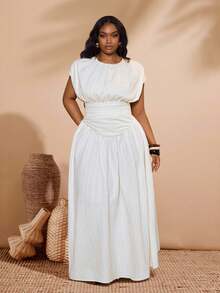 Veslaya 2026 Spring/Summer Plus Size Women Solid Color Round Neck Ruched Waist Simple Dress, Suitable For Vacation, Cruise, Travel, Beach, Party, Banquet, Summer Dresses - White - View 8