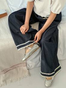 DAZY Tween Girls' Drawstring Waist Contrast Lace Pocket Wide Leg Loose Casual Jeans - Blue - View 4