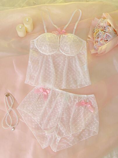 Sexy Babydoll Sleepwear Set For Women, Satin & Mesh Contrast Color Sheer Lingerie, Autumn