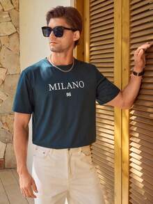 Manfinity CityGents T-shirt D'été À Manches Courtes Imprimé De Lettres Et De Chiffres Pour Homme - Vert sapin - Voir 6