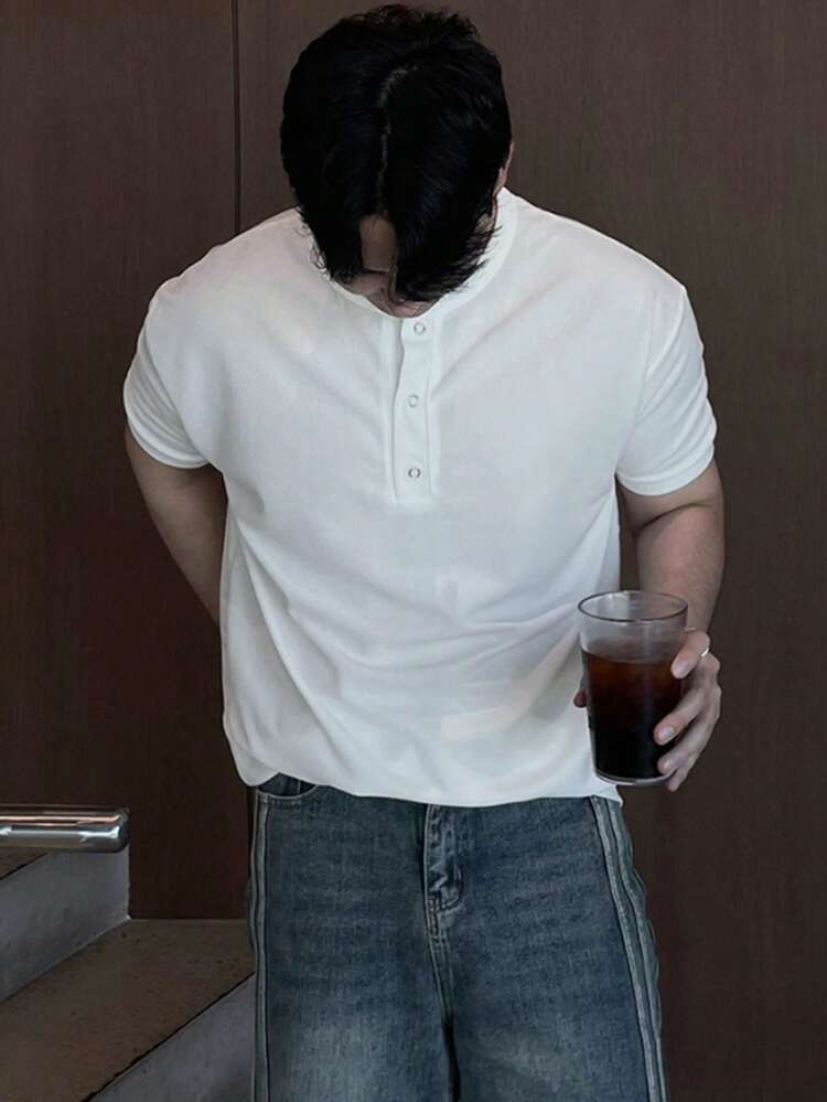 Men's Solid Color Round Neck Half-Placket Short Sleeve T-Shirt, Summer