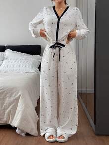 DAZY Star & Moon Ditsy Floral Contrast Trim Women Pajama Set - White - View 3