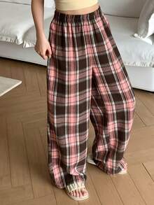 Livesso Plaid Loose Straight Leg Long Pajama Pants, Suitable For Spring And Summer Loungewear - Pink - View 9