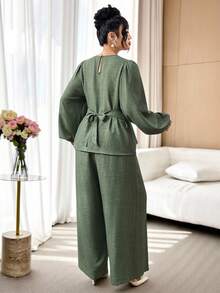 Modelyn Plus Size Solid Color Asymmetric Hem Round Neck Long Sleeve Top And Wide Leg Pants 2 Pieces Set Two Piece Set Women Elegant Modest Two Piece Set Wide Leg Pants Set - Green - View 2
