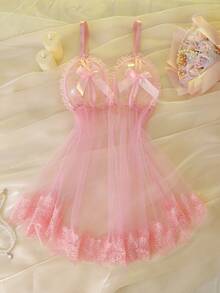 DelicateAllure Áo ngủ không tay cỡ lớn với viền xếp ly, nơ và thiết kế khoét hở, lãng mạn và quyến rũ. - Hồng - Xem 6