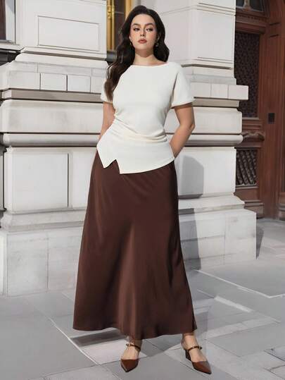 Maija Plus Size Women's Elegant Waist Gathered Blouse, Casual Chic Vintage Style, Romantic, Fashionable, Versatile; Comfortable, Stylish, Graceful, Casual, Simple Daily Wear, Essential Item, Solid Color, Holiday Casual, Appropriate, Single Lady, Graceful Fashion Business Casual Outerwear Top, Business Casual Women's Silhouette