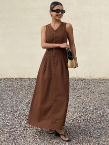 Livesso Vestido de mezclilla de unicolor con cintura ceñida y cuello en V sin mangas para mujeres - Café - Ver 7